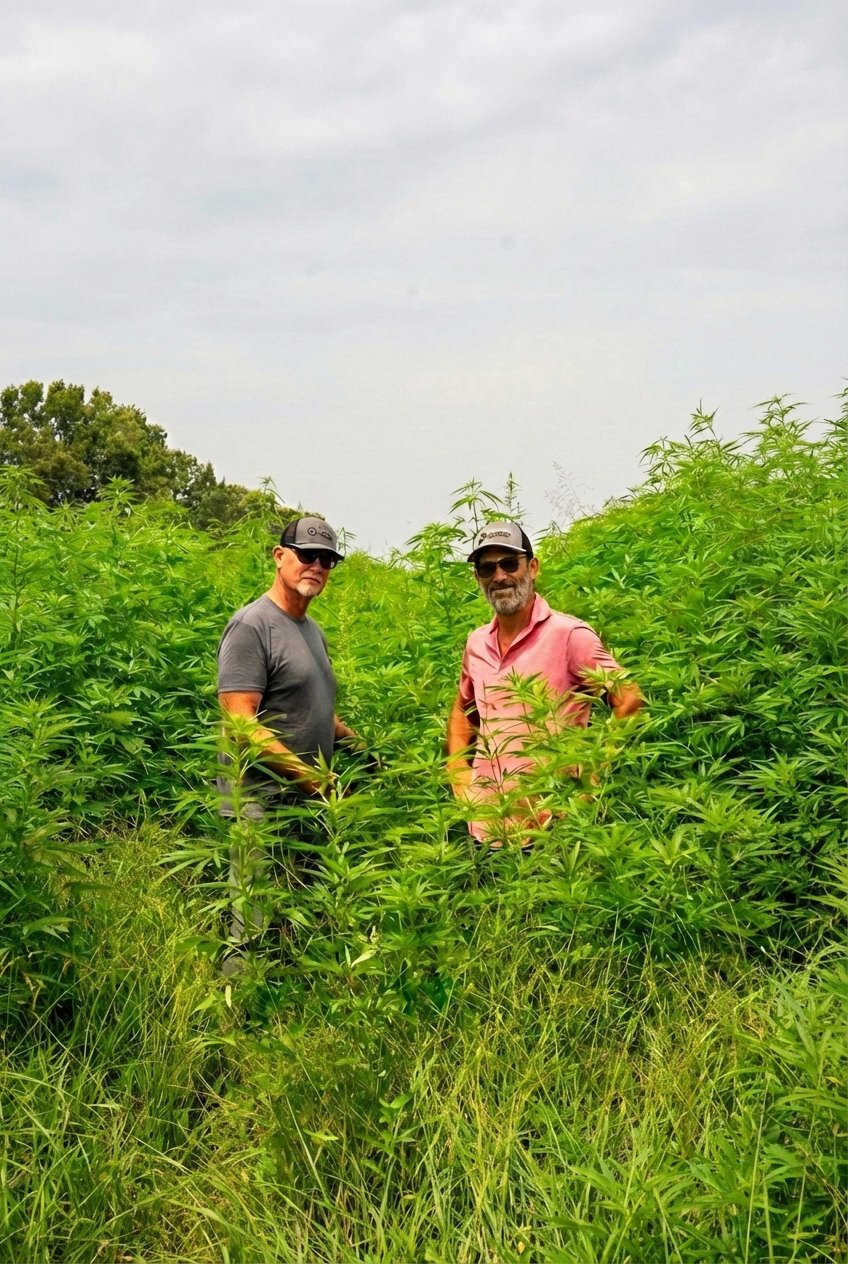 Jody Hardin and Richard Ims in the 2025 industrial hemp field